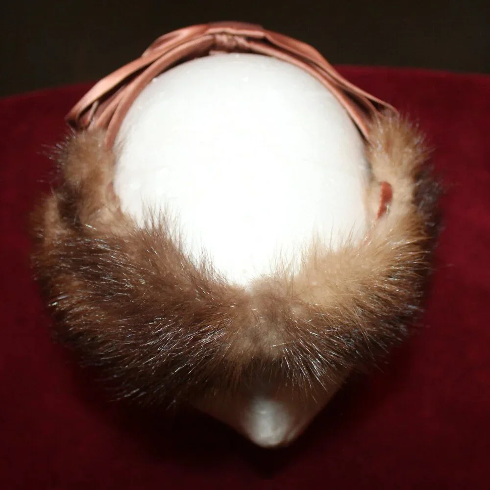 Vintage Champagne Faux Mink Fur Headband with Tan Satin Bow
